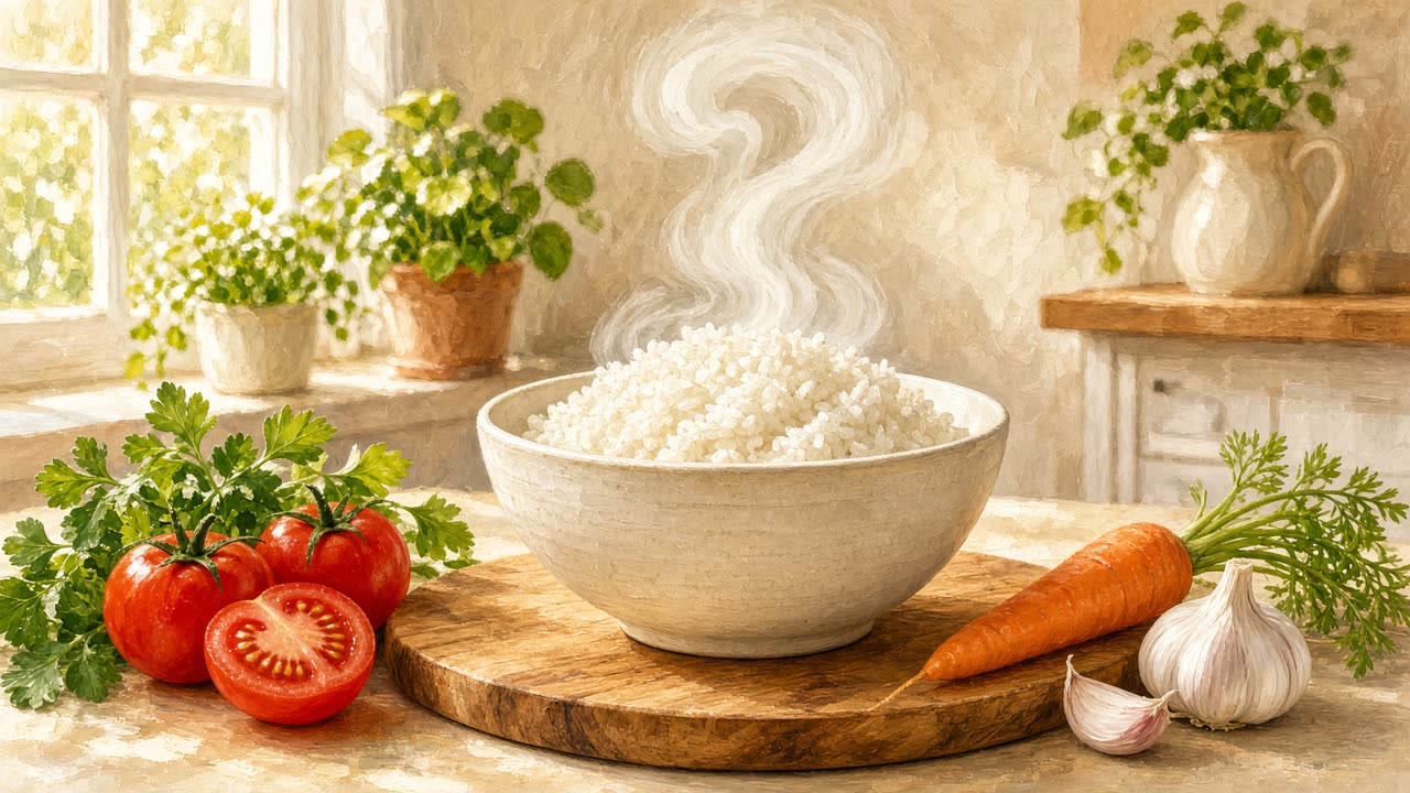A cream bowl of rice with steam curling into a question mark, beside tomatoes, a carrot, garlic, and herbs